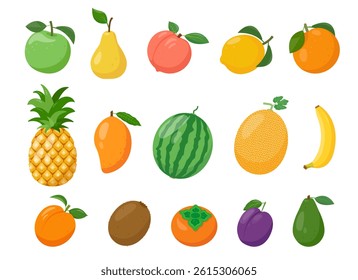Fresh fruits icons set. Organic fruits for juice, smoothie or vitamin healthy food. Vector illustration isolated on white background.