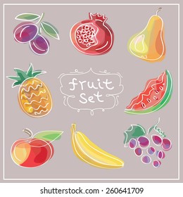 Fresh fruits icons set. Vector illustration. Hand drawn food design.