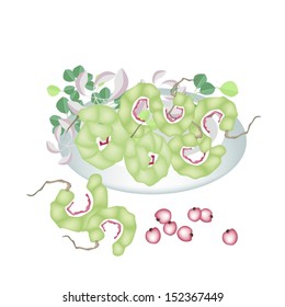 Fresh Fruits, An Illustration of Fresh Green Ripening Pods of Manila Tamarind or Pithecellobium Dulce Benth with Beautiful Leaves and Fruit Flesh on A white Dish 