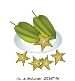 Fresh Fruits, An Illustration of Fresh Ripe Carambolas and Carambolas Cross Section on A Beautiful white Dish 