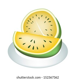 Fresh Fruits, An Illustration of Fresh Yellow Watermelon, Slice of Watermelon and Watermelon Cross Section on A Beautiful white Dish 