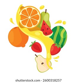 Fresh fruits with juice splash and orange slice Vector