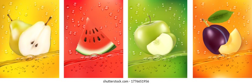 Fresh fruits juice splashing together- pear, apple, plum, watermelon juice drink splashing. 3d fresh fruits. Vector illustration