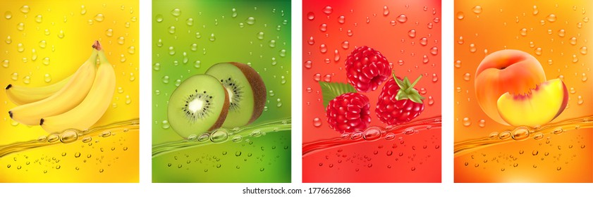 Fresh fruits juice splashing together- banana, kiwi, peach, raspberry juice drink splashing. 3d fresh fruits. Vector illustration