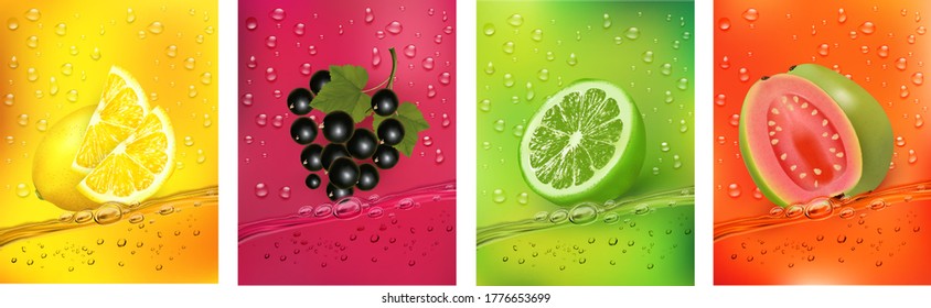 Fresh fruits juice splashing together- guava, blackberry, citron, lime juice drink splashing. 3d fresh fruits. Vector illustration