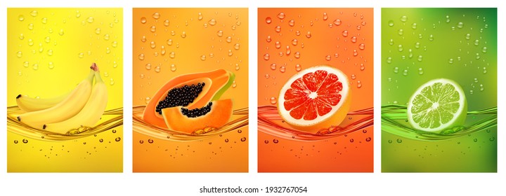 Fresh fruits juice splashing together- banana, lime, papaya, grapefruit juice drink splashing. 3d fresh fruits. Vector illustration