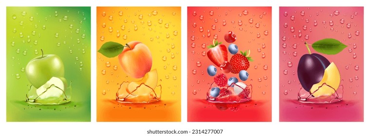 Fresh fruits juice splashing together- pear, apple, plum, apricot, strawberry, blackberry, raspberry juice drink splashing. 3d fresh fruits. Vector illustration