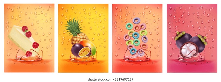 Zumo de frutas frescas salpicado juntos: piña, mango, flor de pasión, bucles de raíz, torta de с, frambuesa, zumo de mangostino, bebida salpicada. 3.ª fruta fresca. Ilustración del vector