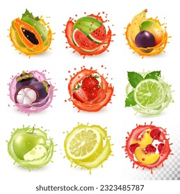 Fresh fruits juice splashing together- mango, passion flower, raspberry, mangosteen, watermelon, strawberry,  papaya, limon, apple, lime, plum, peach juice drink splashing. Vector