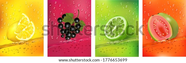 Fresh fruits juice splashing together-\
guava, blackberry, citron, lime juice drink splashing. 3d fresh\
fruits. Vector\
illustration