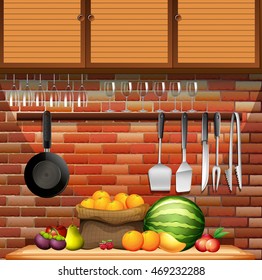 Fresh fruits in the kitchen illustration