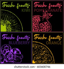 Fresh fruits label design. Kiwi, pomegranate, blueberry, orange fruits vector illustration on black background.