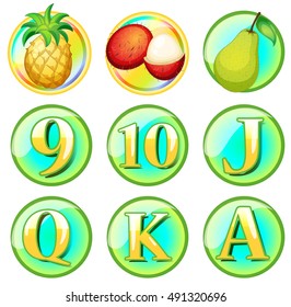 Fresh fruits and letters on round badges illustration