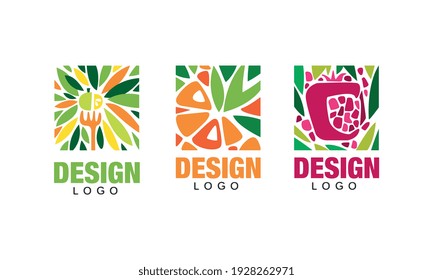 Fresh Fruits Logo Design Set, Vegetarian Food Templates, Packaging Labels, Banner, Poster, Abstract Background Cartoon Style Vector Illustration