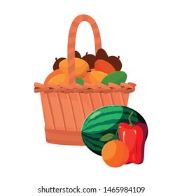 fresh fruits mangoes in wooden basket