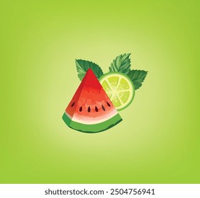 Fresh fruits with mint leaves. Fresh watermelon, lime, mint sliced pieces. Vector colorful background with fruits juice drink.