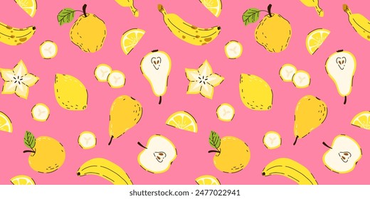 Fresh fruits on pink background. Hand drawn seamless pattern. Colorful wallpaper vector. citrus, lemon, apple, pear, banana, starfruit collection. Decorative illustration, good for printing