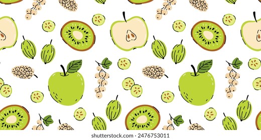 Fresh fruits on white background. Hand drawn seamless pattern. Colorful wallpaper vector. green apple, kiwi, white currant mulberry gooseberry collection. Decorative illustration, good for printing