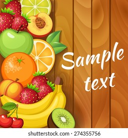 Fresh fruits on wooden texture. Vegan food. Orange, apple, kiwi, strawberry, peach, banana, lime, cherry