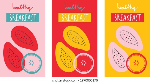 Fresh fruits papaya, apple slice, promotion banner. Flat cartoon fruits summer for your advertising, flyer design. Harvest garden. Sweet berries.