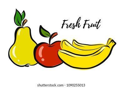 Fresh  fruits (pear, apple, banana)  doodle vector illustration for designing poster, banner, logo, icon. Set for wallpaper or presentation. For fruit shop, vegeterian, sport activity, healthy meal