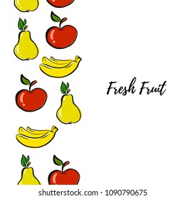 Fresh fruits (pear, apple, banana) doodle vector illustration for designing poster, banner, logo, icon. Summer Set for presentation. For fruit shop, vegetarian, sport activity, healthy meal