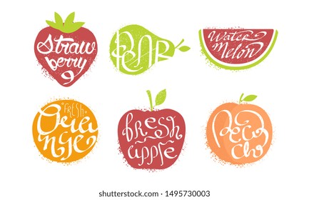 Fresh Fruits Prints Set, Strawberry, Pear, Watermelon, Orange, Apple, Peach Grunge Style Vector Illustration