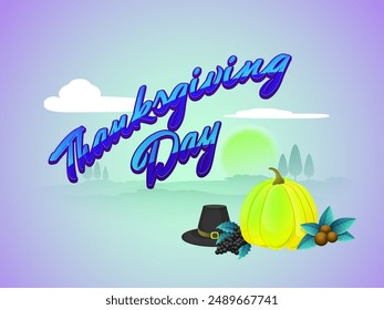 Fresh fruits, pumpkin and pilgrim hat on glossy nature background for Happy Thanksgiving Day celebration.