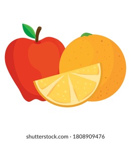 fresh fruits, red apple and orange, in white background vector illustration design