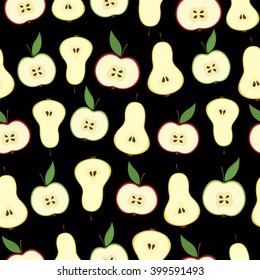 Fresh fruits seamless pattern. Assorted apple and pear halves. Green, orange, red, yellow on black background.