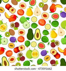 Fresh fruits seamless pattern with background of whole and halved apple, peach, mango, plum, passion fruit, guava, pear, kiwi, avocado, feijos and durian fruits