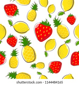Fresh fruits seamless pattern. Lemon, strawberry and pineapple print. Summer exotic and tropic background design. Repeated grunge texture on white background. Bright lemon print for fabric, wallpaper