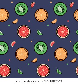 Fresh fruits seamless pattern, on dark blue background isolated. Vector illustrartion. Design for textile, wallpaper, fabric.