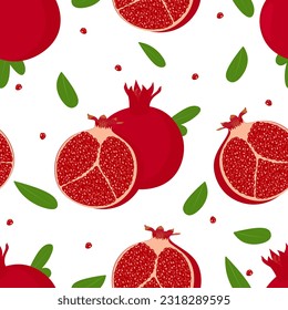 Frutas frescas sin fisuras con granate rojo o granada, enteras y cortadas a la mitad. Textura infinita o repetida con granada, hojas y semillas sobre fondo blanco. Ilustración vectorial de Garnet