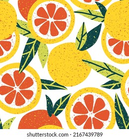 Fresh fruits seamless pattern. Vector illustration. Sliced citrus on a white background.