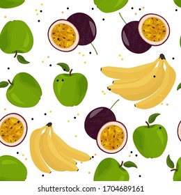 Fresh fruits seamless vector pattern. Bananas, green apples and passion fruit background.