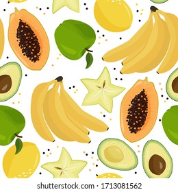 Frutas frescas sin fisuras en el patrón vectorial. Plátanos, manzanas verdes, carambola, aguacate, limón y fondo de papaya.