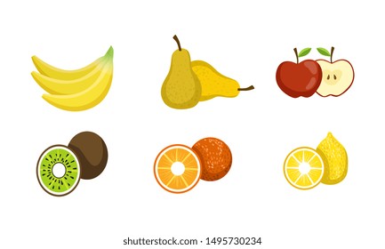 Fresh Fruits Set, Banana, Pear, Apple, Kiwi, Orange, Lemon Vector Illustration