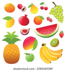 Fresh Fruits Set - Colorful Tropical and Exotic Fruit Illustration, collection of fresh fruits illustrated in a modern and colorful style. Includes pineapple, watermelon, banana, apple, pear, kiwi