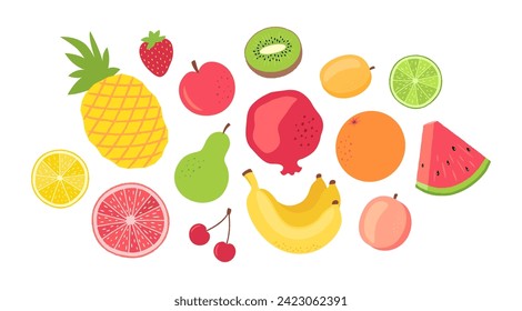 Fresh fruits set flat design. Simple fruit icons group. Summer bright design. Healthy sweet food - bananas, pomegranate, pineapple, watermelon slice, peach, apricot, lime, grapefruit, kiwi, cherry.