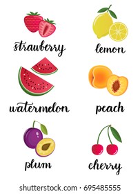 Fresh fruits set. Strawberry, peach, plum, watermelon, cherry, lemon. Lettering elements, calligraphic names of products.  Vector illustration