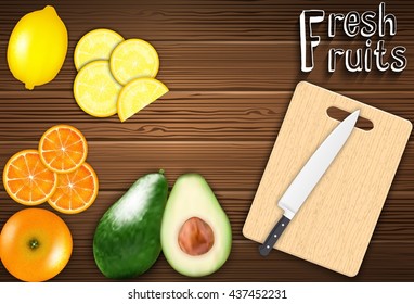 Fresh fruits slices on the table with a knife on a cutting board background.Vector