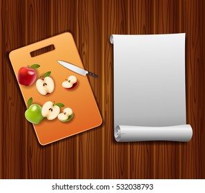 Fresh fruits slices on the table with a knife on a cutting board background. vector illustration