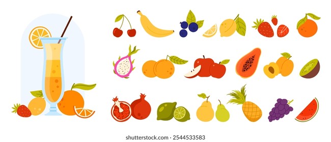 Fresh fruits and smoothie, cocktail or juice mix in glass with layers of drink, restaurant or home food menu constructor. Raw fruit and berry ingredients to make beverage cartoon vector illustration