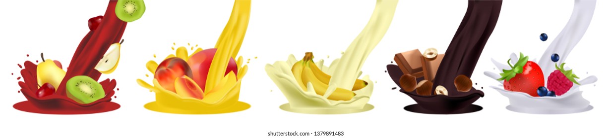 Fresh fruits and splashes, 3d vector icon set. Raspberry, blue berry, strawberry, peach, pear, banana, nuts, chocolate, kiwi, cherries, milk, juice, yogurt,