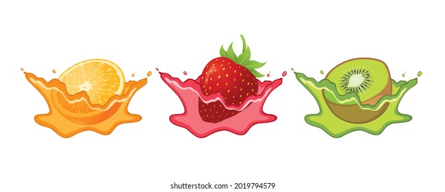 Fresh fruits and splashes isolated on white background.