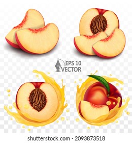 Fresh fruits and splashes, peaches, nectarine, set of fruits with slice and drops, 3d vector realistic, icon set