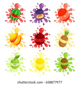 Fresh fruits splashes set, juicy ripe fruits colorful Illustrations