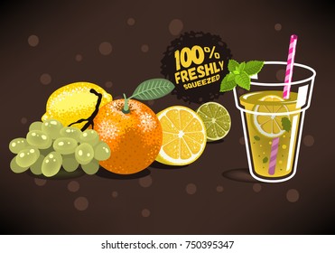 Fresh Fruits For Squeezed Juice With An Orange, Lemon, Lime, Grapes. Glass Filled Up With Homemade Lemonade With A Branch Of Mint, Sliced Lemon And A Straw Illustrations. Vector Graphic.