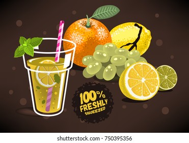Fresh Fruits For Squeezed Juice With An Orange, Lemon, Lime, Grapes. Glass Filled Up With Homemade Lemonade With A Branch Of Mint, Sliced Lemon And A Straw Illustrations. Vector Graphic.